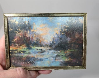 Original Landscape Painting in 3 x 5" Vintage Brass Frame. Soft Pastel Landscape by Debbie Robinson.