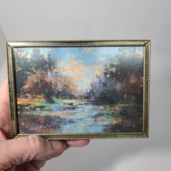 Original Landscape Painting in 3 x 5" Vintage Brass Frame. Soft Pastel Landscape by Debbie Robinson.