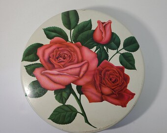 Mrs Stevens Candy Tin. Roses Vintage Round 10" Tin. Sewing Tin. Button Tin. Cookie Tin. Collectors Tin with Lid.