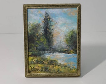 Original Landscape Painting in Vintage 4"x 3" Brass Frame. Soft Pastel Landscape by Debbie Robinson.