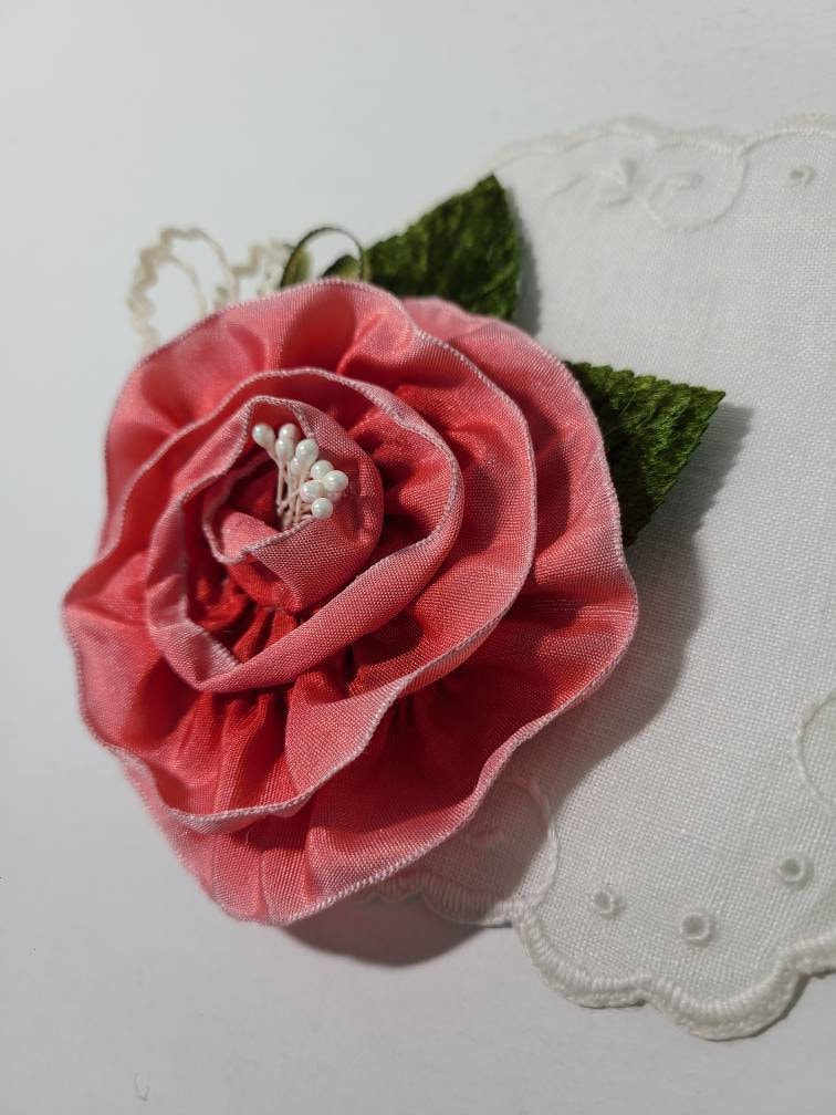 Ribbon Rose Corsage. Light Red Ribbon Flower Brooch. Etsy