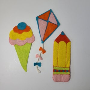 Vintage Novelty Felt Designs. Felt Ornaments. Children Decor. Ice Cream Cone, Kite, Pencil, made of felt.