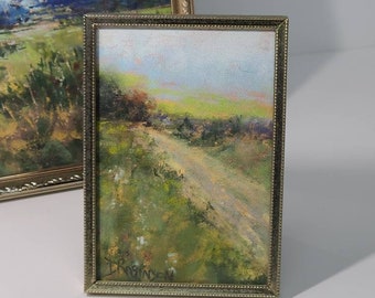 Original Landscape Painting in 5" x 3" Brass Frame. Soft Pastel by Debbie Robinson.