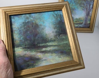 Original 6"x6" Landscape in Vintage Wood Frame. Soft Pastel Painting by Debbie Robinson. Painting Titled "Renew Us". Home Decor.