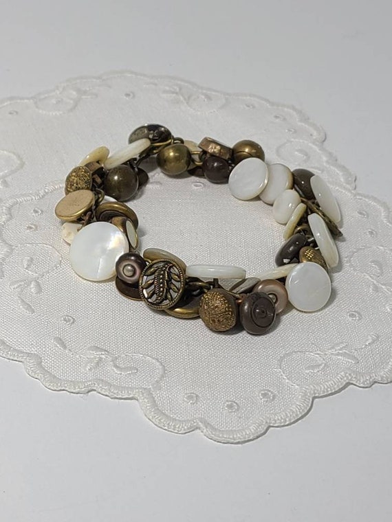 Vintage Pearl and Brass Button Bracelet. Mother of