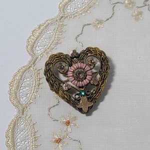 Antique Heart Brooch with Rhinestones and Pink Enamelwork. Vintage Heart Pin.