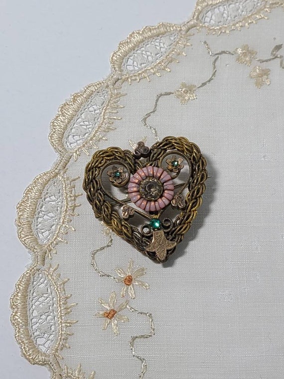 Antique Heart Brooch with Rhinestones and Pink Ena
