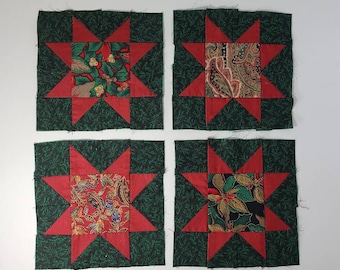 Sawtooth Star 6" Quilt Blocks. Lot of 4 Vintage Christmas Star Quilt Blocks.