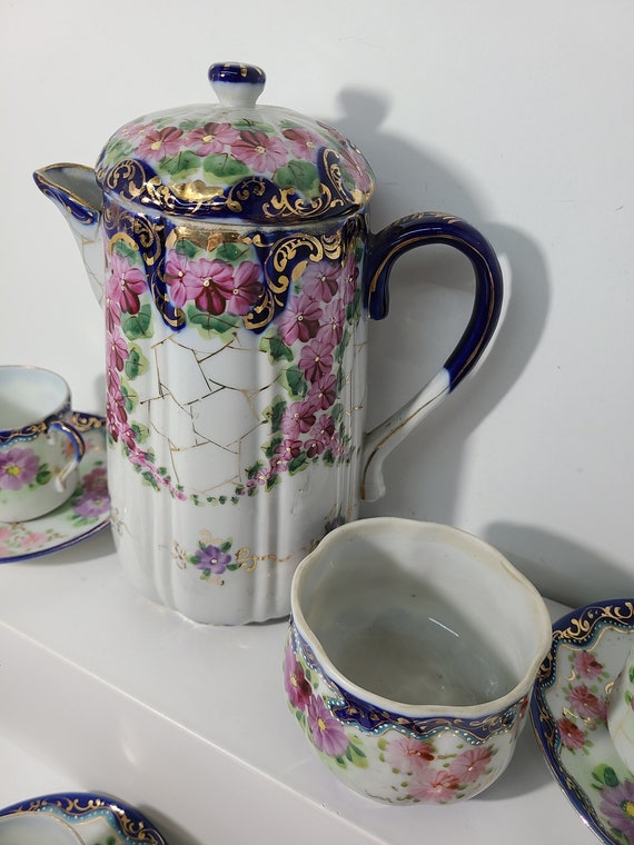 Antique Nippon Hand Painted Hot Chocolate Set. Cobalt Blue