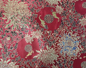 Red Chinese Brocade Silk Satin Fabric. 1 yard 21" of Vintage 1980's Cinese Silk Fabric.