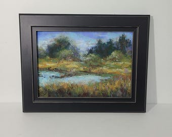 Original 5"x7" Pastel Landscape Painting in Dark Brown Frame. Soft Pastel by Debbie Robinson.