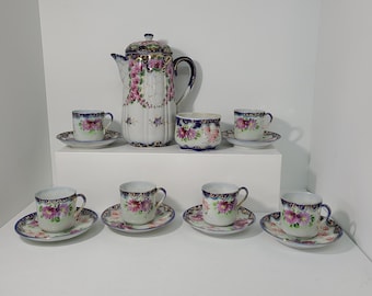 Antique Nippon Hand Painted Hot Chocolate Set. Cobalt Blue Porcelain Handpainted Chocolate Pot with 6 Cups and Saucers and 1 Sugar Bowl.