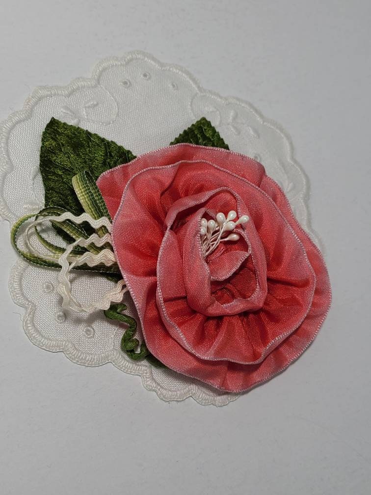 Ribbon Rose Corsage. Light Red Ribbon Flower Brooch. Etsy
