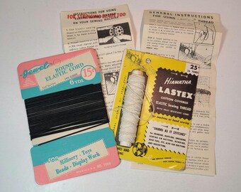 Vintage White Elastic Sewing Thread and Black Elastic Cord. Vintage Sewing Supplies.
