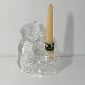 Clear Glass Teddy Bear. Vintage Glass Teddy Bear Candle Holder with Vintage Candle.