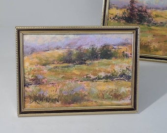 Original 5"x7" Landscape Painting in Vintage Brass Frame. Soft Pastel Landscape by Debbie Robinson. Vintage Framed Art.