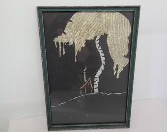 Vintage Framed Foil Art. Early Tinsel Foil Art. Vintage Foil Art Picture. Vintage Wall Art.