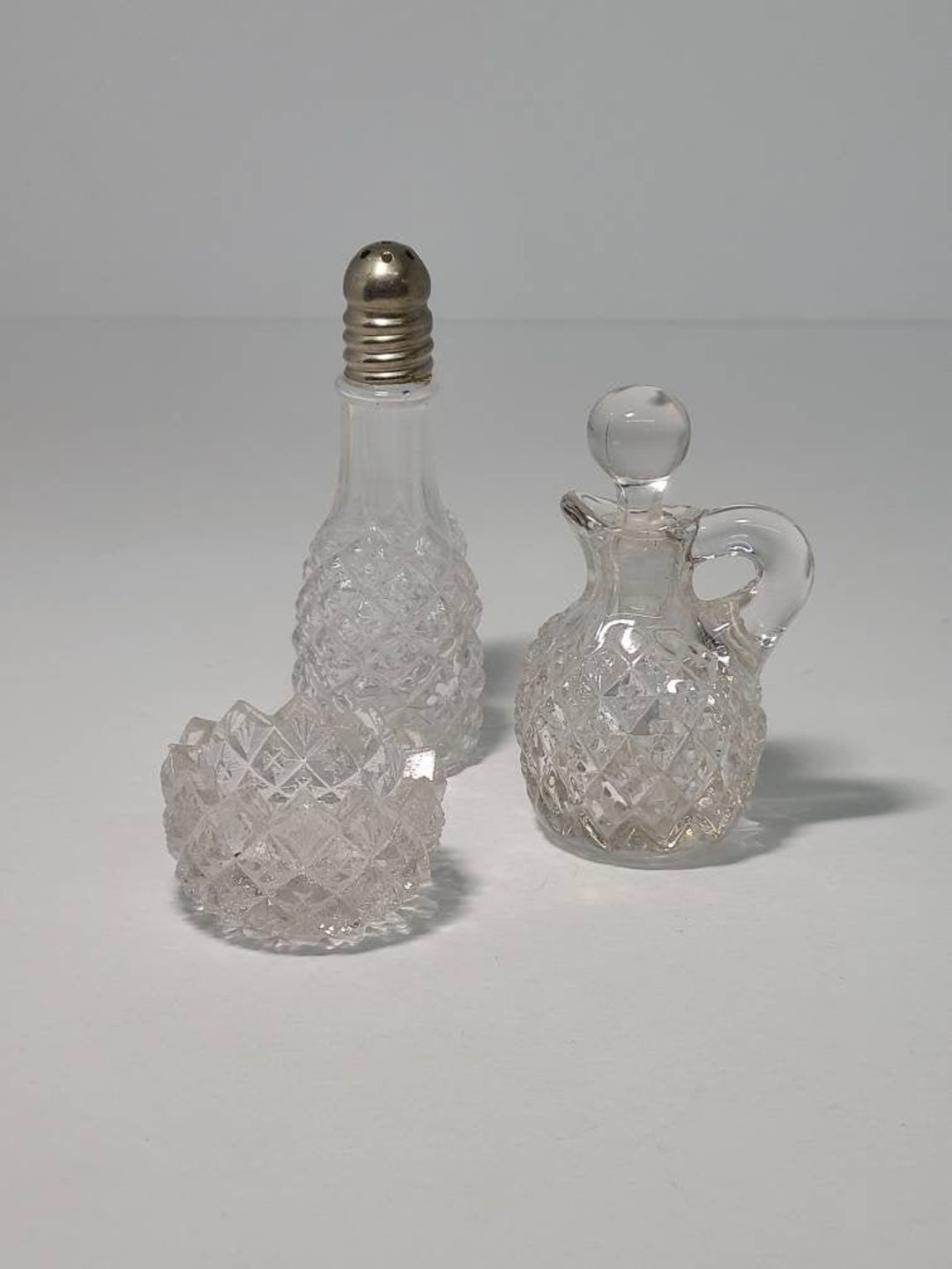 Antique Glass Mini Condiment Set of 3. Diamond Pattern Glass Cruet, Salt Cellar and Shaker. Etsy