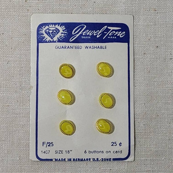 Vintage Jewel-Tone Yellow Glass Buttons. Yellow Glass Buttons with Gold Trim on Original Card.