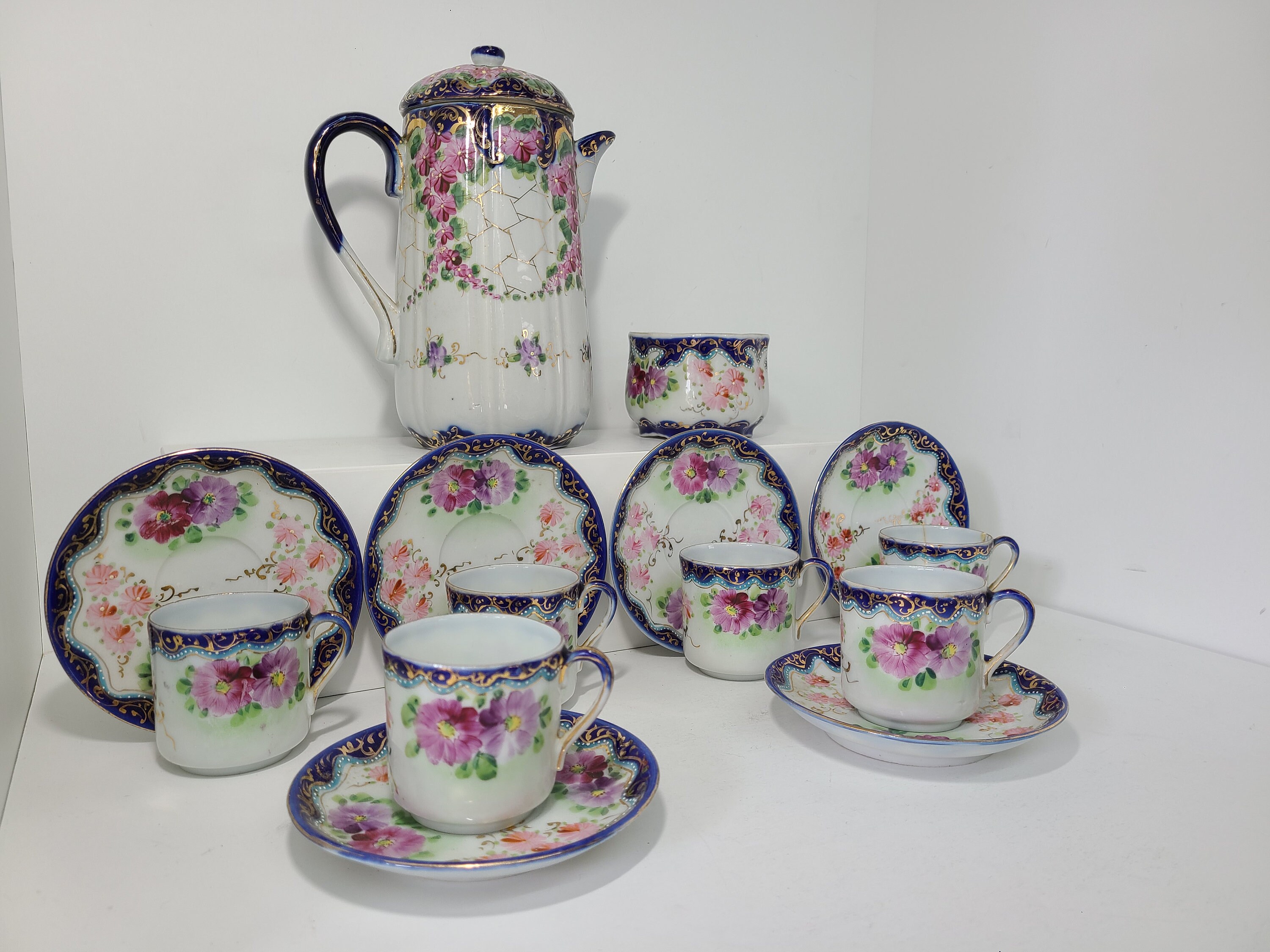 Antique Nippon Hand Painted Hot Chocolate Set. Cobalt Blue