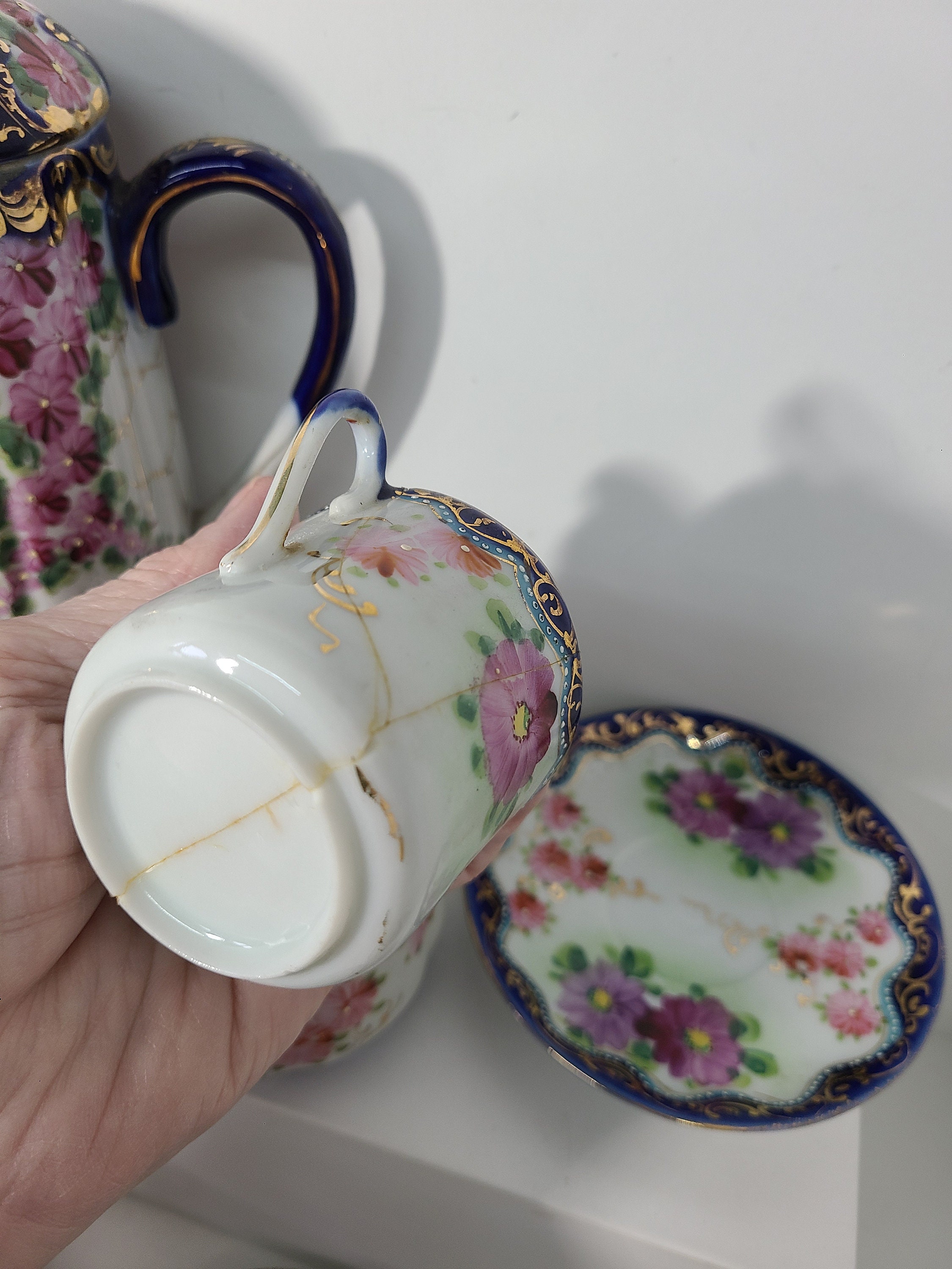 Antique Nippon Hand Painted Hot Chocolate Set. Cobalt Blue