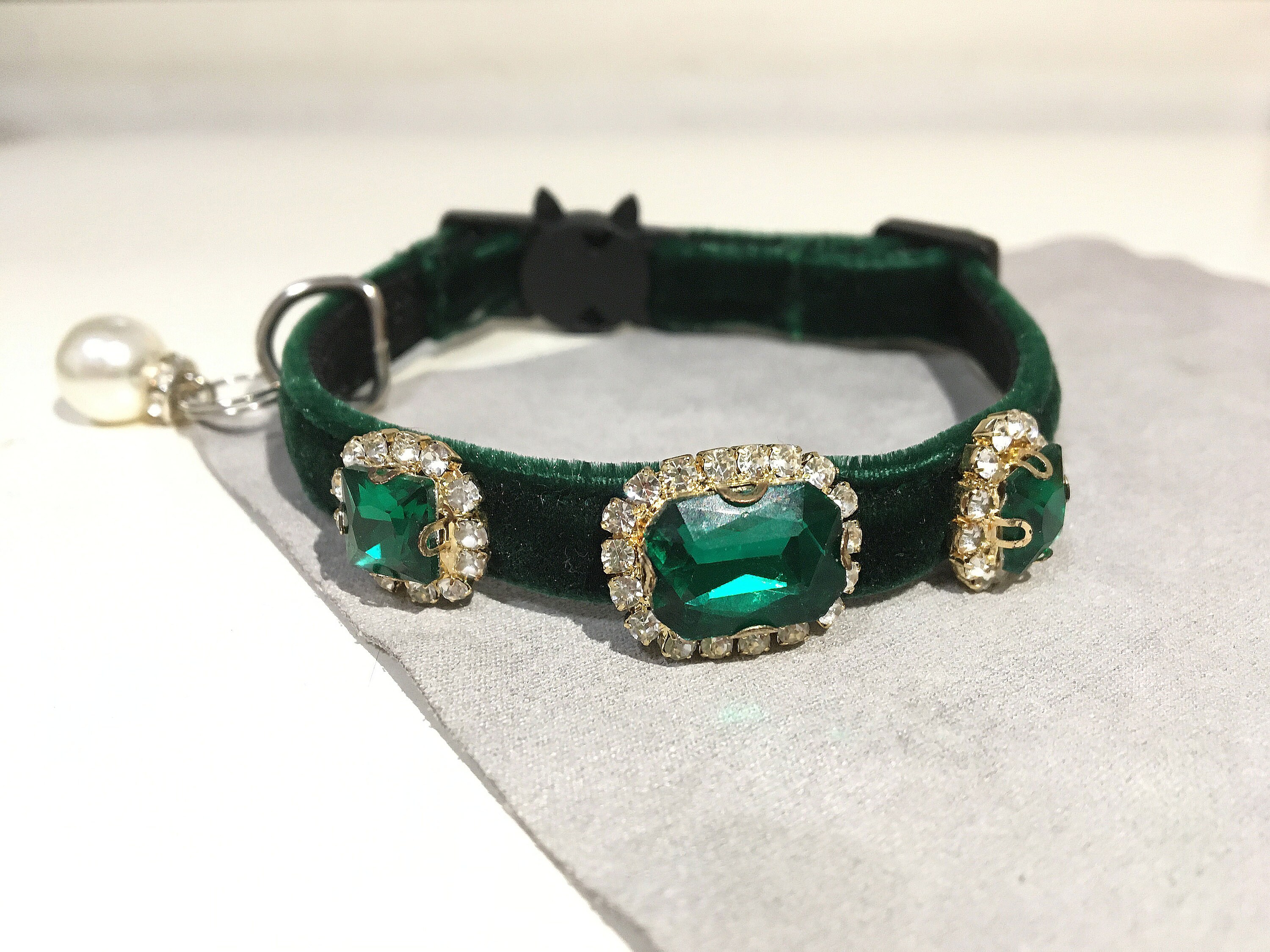 Beautiful Rhinestone Cat Collar Dark Green Velvet Small Dog Etsy UK