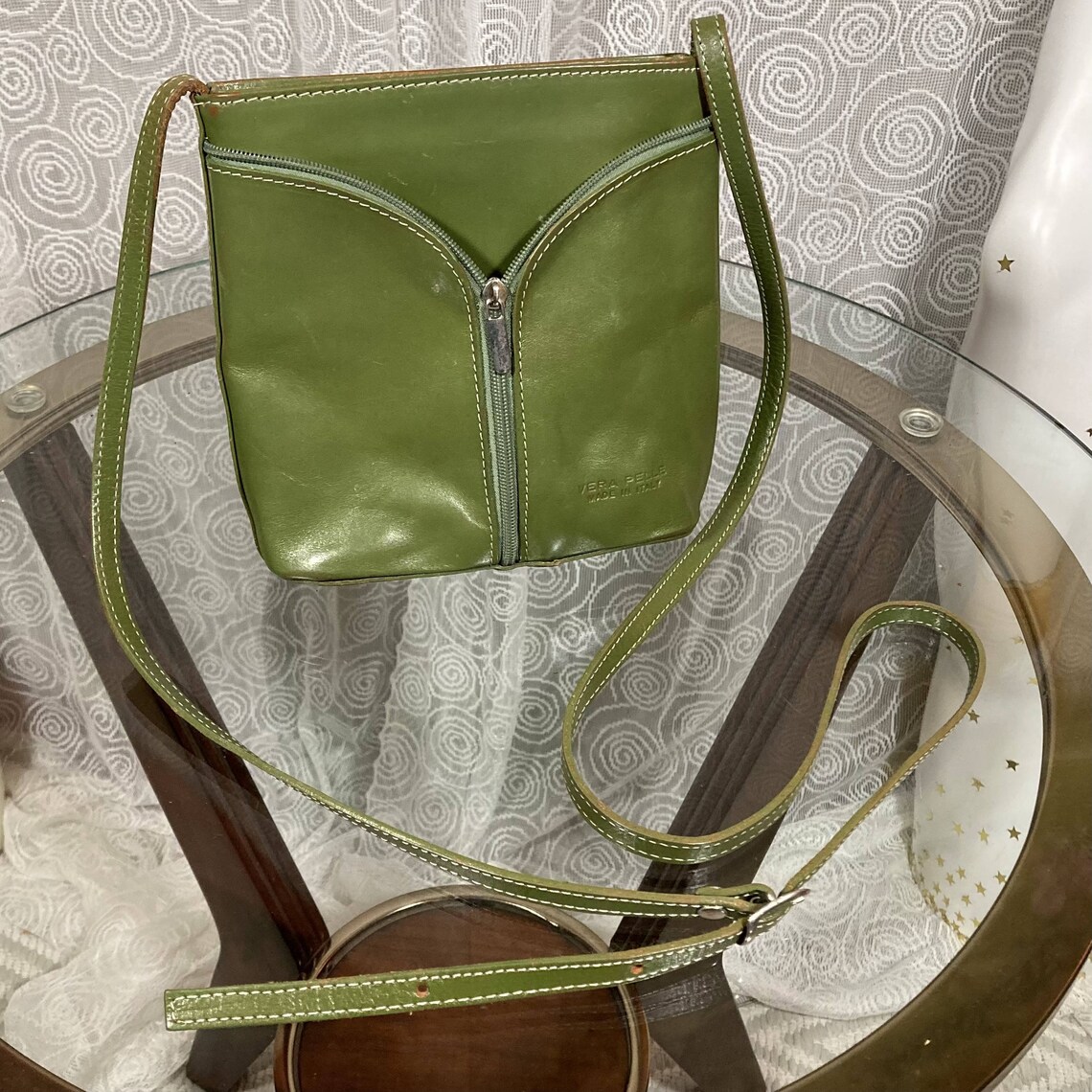 Green Leather Crossbody Bag with Adjustable Strap Etsy