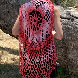 Boho sheek festival ombré coral pink crochet vest doily shawl handcrafted beachwear handmade