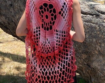 Boho sheek festival ombré coral pink crochet vest doily shawl handcrafted beachwear handmade