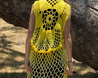 Boho sheek festival ombré yellow crochet vest doily shawl handcrafted beachwear handmade