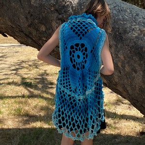 Boho sheek festival ombré blue crochet vest doily shawl handcrafted beachwear handmade