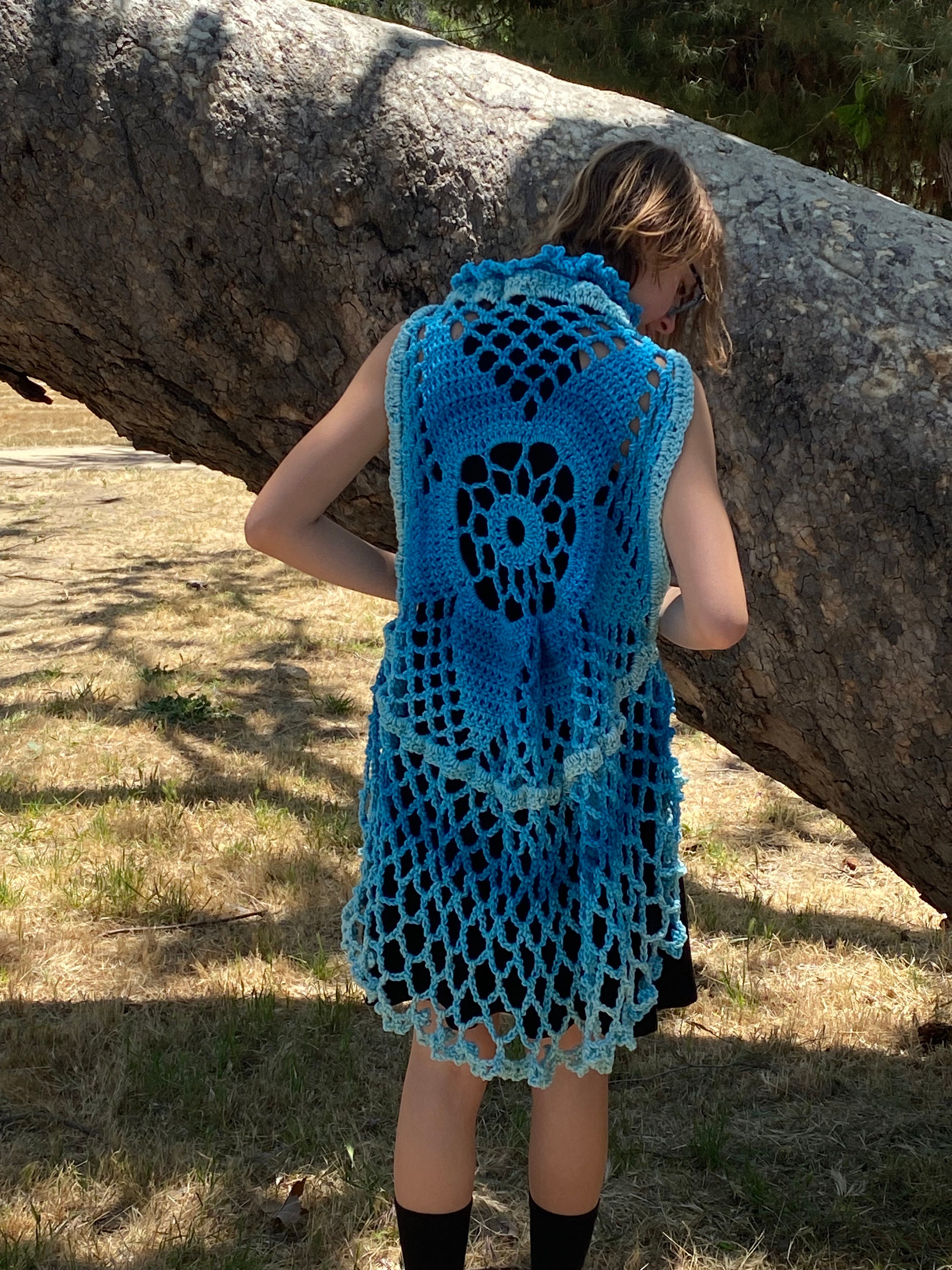Boho Sheek Festival Ombré Blue Crochet Vest Doily Shawl