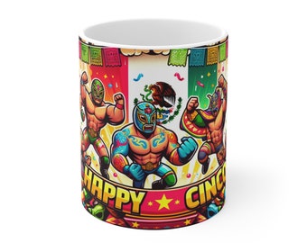 Cinco de Mayo Luchadores Mug - Mexican Wrestlers Coffee Mug - Vibrant 11oz Ceramic Cup - Gift for Wrestling Fans