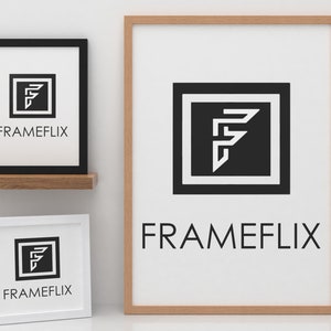 May include: Three framed prints featuring a black and white logo of a stylised letter F and the text "FRAMEFLIX". The frames are black, white, and natural wood.