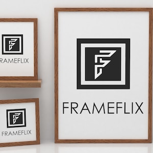 May include: Three wood framed prints with a black and white logo of a stylized letter F and the text "FRAMEFLIX".