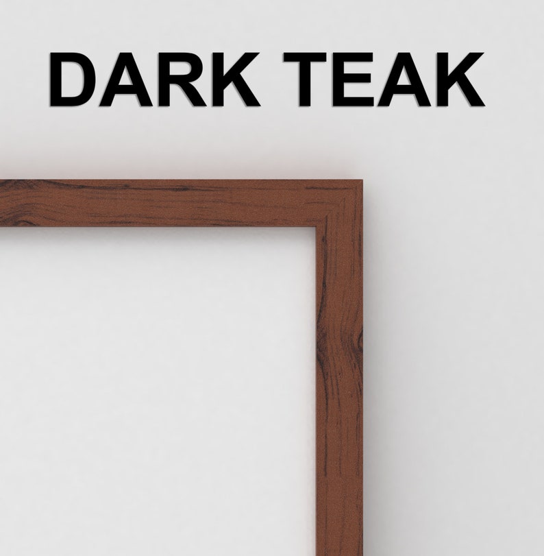 May include: A close-up of the top right corner of a dark brown wood picture frame. The frame is against a white wall. The text "DARK TEAK" is printed in black at the top of the image.