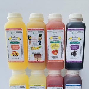May include: Eight 16-ounce bottles of Sea Moss Infused Lemonade in various flavors: Peach, Pineapple, Strawberry, Elderberry, Mango, Lemon, Raspberry, and Blueberry. Each bottle has a label with the flavor name and a description of the product.
