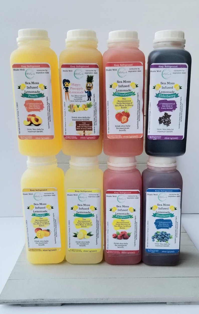 May include: Eight 16-ounce bottles of Sea Moss Infused Lemonade in various flavors: Peach, Pineapple, Strawberry, Elderberry, Mango, Lemon, Raspberry, and Blueberry. Each bottle has a label with the flavor name and a description of the product.