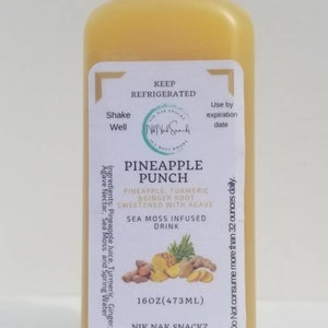 May include: A 473ml bottle of pineapple punch juice with a yellow label. The label reads "Pineapple Punch", "Pineapple, Turmeric, Ginger Root, Sweetened with Agave", "Sea Moss Infused Drink", "Nik Nak Snackz, Tampa, FL 33604, (813) 520-7566, www.niknaksnackz.com".