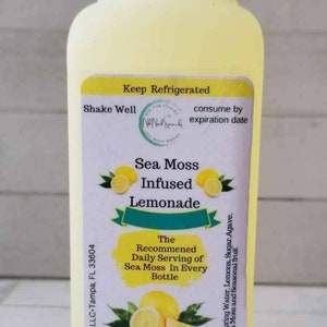 May include: A yellow plastic bottle of Sea Moss Infused Lemonade with a white label. The label has a lemon graphic and the text "Sea Moss Infused Lemonade" and "The Recommended Daily Serving of Sea Moss In Every Bottle". The label also includes the text "Drink 16oz daily for maximum benefit. Do Not Consume More Than 32oz daily 16oz (473ml)".