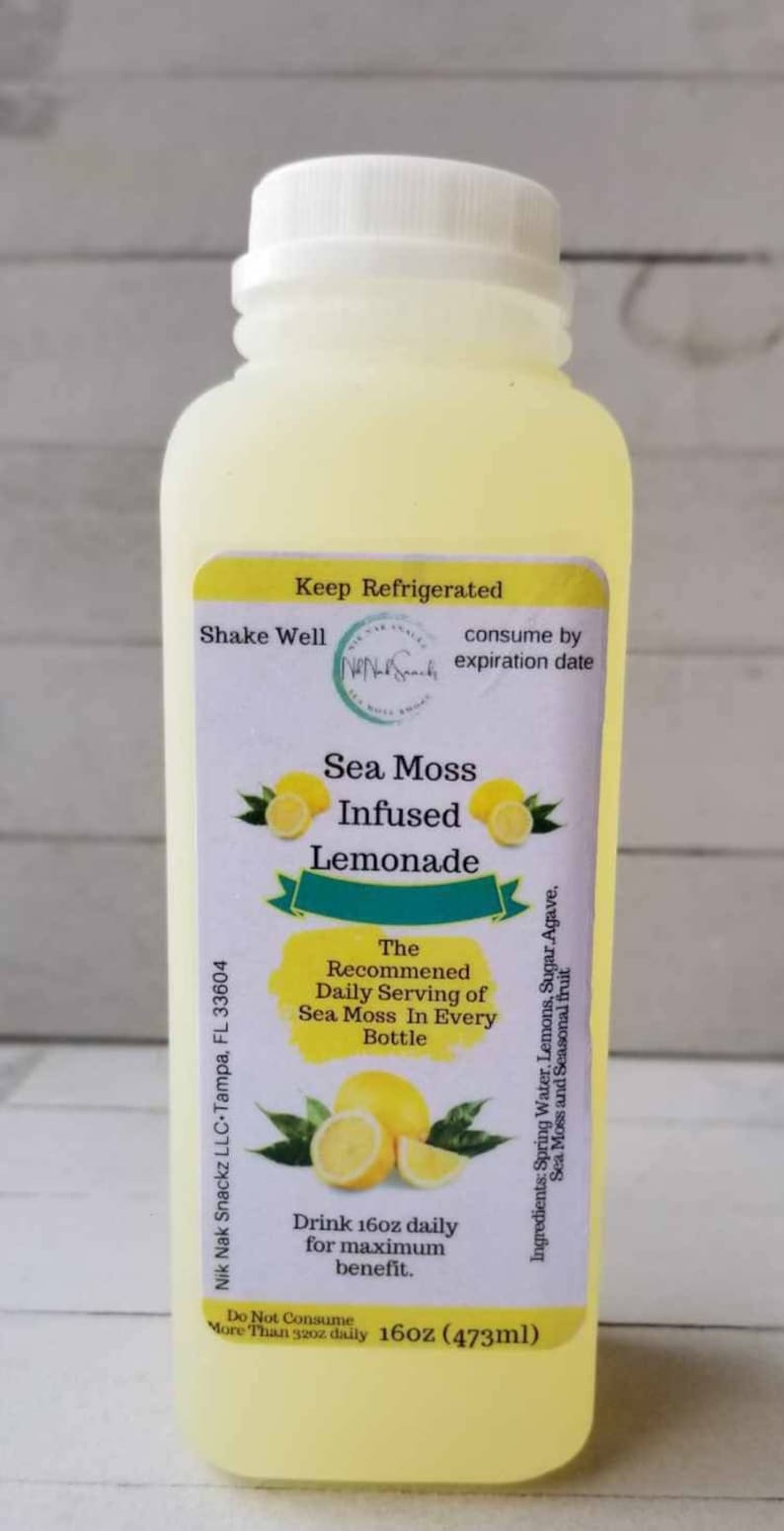 May include: A yellow plastic bottle of Sea Moss Infused Lemonade with a white label. The label has a lemon graphic and the text "Sea Moss Infused Lemonade" and "The Recommended Daily Serving of Sea Moss In Every Bottle". The label also includes the text "Drink 16oz daily for maximum benefit. Do Not Consume More Than 32oz daily 16oz (473ml)".