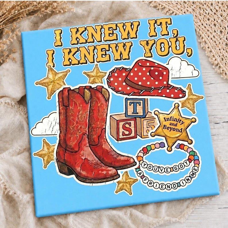 Taylor Swift Toy Story PNG sublimation design shown on shirt tumbler
and tote bag western cowboy theme digital download 300 DPI print ready