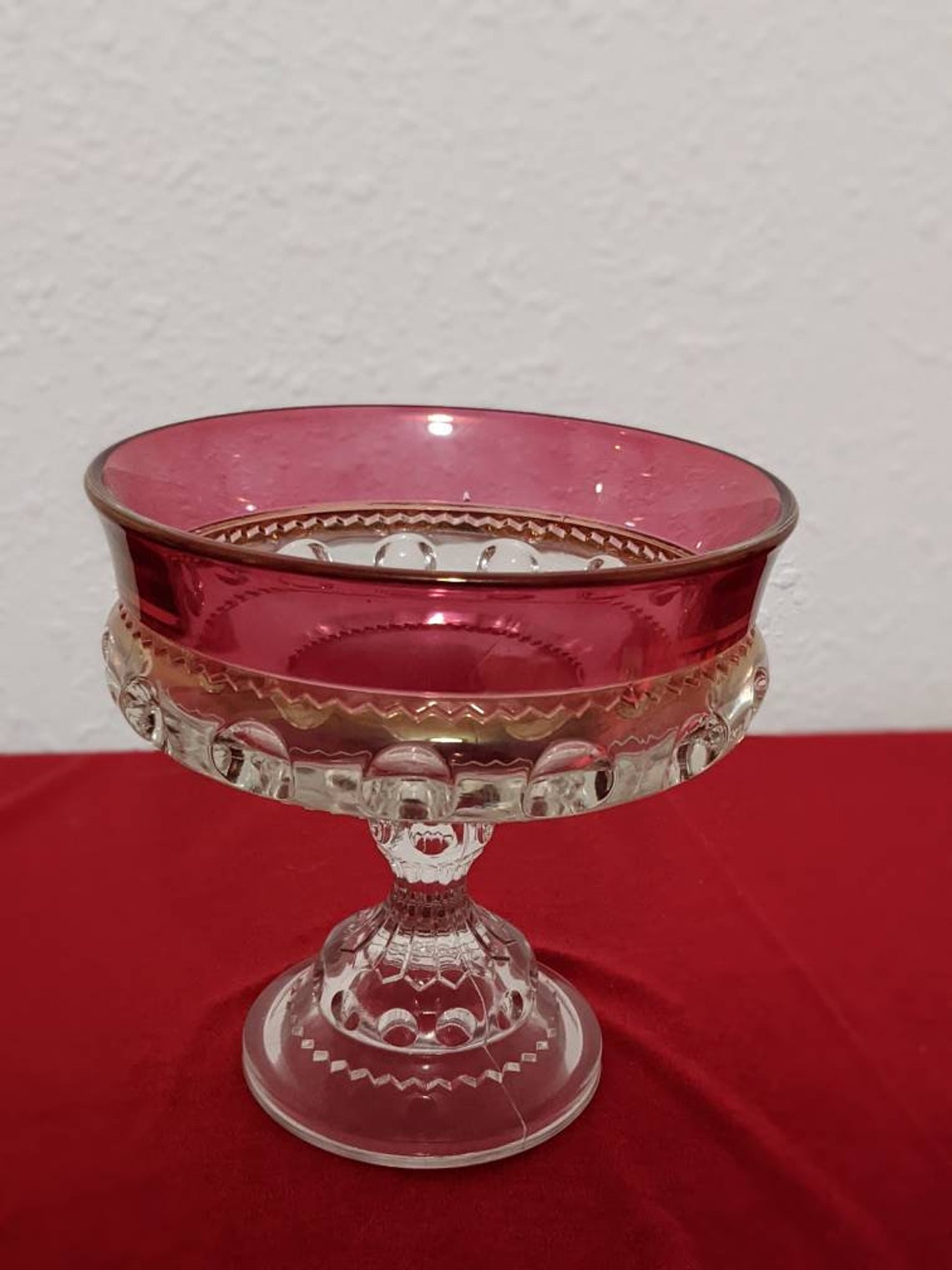 Vintage Cranberry Thumbprint Glass Candy Dish Etsy