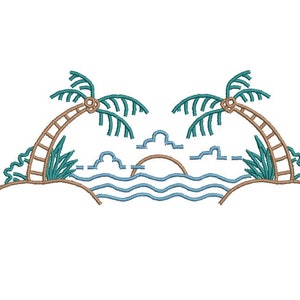 May include: An embroidered design depicting a tropical beach scene. Two palm trees frame a sunset over the ocean, with stylized waves, clouds, and sand. The design uses shades of brown, teal, and blue on a white background.