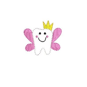 May include: A white tooth with a pink butterfly design and a yellow crown on top. The tooth has a smiling face.