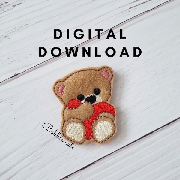 Cute teddy bear Valentines day feltie file, Digital embroidery patch download lovely bear with heart