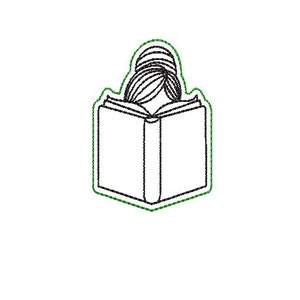 Book feltie file. Book worm feltie. Girl with a book embroidery design