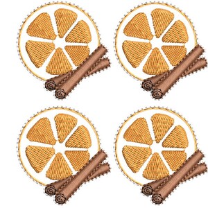 May include: Four embroidered designs featuring a sliced orange and two cinnamon sticks. The orange slices are light orange with a white border and a decorative stitch. The cinnamon sticks are brown.