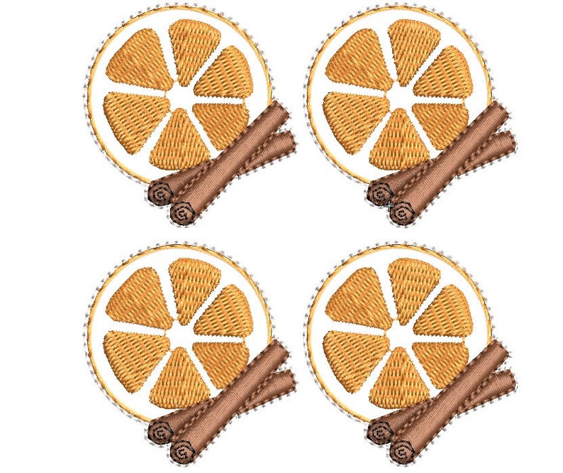 May include: Four embroidered designs featuring a sliced orange and two cinnamon sticks. The orange slices are light orange with a white border and a decorative stitch. The cinnamon sticks are brown.