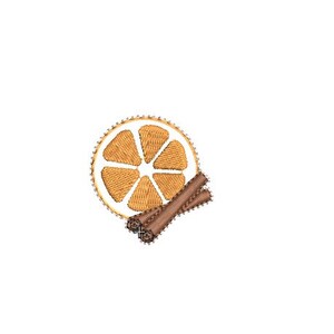 May include: An embroidered design featuring a sliced orange and two cinnamon sticks. The orange slice is segmented and has a white border. The cinnamon sticks are brown and positioned next to the orange slice. The design is on a white background.